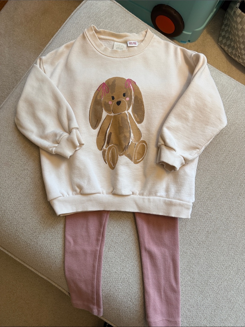 Zara Cream Bunny Sweatshirt with Pink Leggings